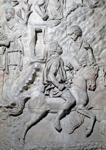 Arte Romana: "um cavaleiro numid rider acreditou" Molde de 1862 reproduzindo os baixos-relevos da coluna de Trajano (Colonna Traiana) em Roma construída durante o reinado do Imperador Trajano (53-117). A coluna Trajane comemora a câmara vitoriosa de Roman Roman