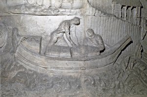 Arte Romana: "barco carrega provisões sobre o Danúbio durante a Primeira Guerra em Dacia" Molde de 1862 reproduzindo os baixos-relevos da coluna de Trajano (Colonna Traiana) em Roma construída durante o reinado do Imperador Trajano (53-117). A co de Roman Roman
