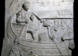 Arte romana: "Soldados romanos em um navio durante a primeira guerra em Dacia" Molde de 1862 reproduzindo os baixos-relevos da coluna de Trajano (Colonna Traiana) em Roma construída durante o reinado do Imperador Trajano (53-117). A coluna de Trajano comem de Roman Roman