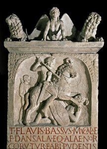 Arte romana: estela funerária do aristocrata e político romano Flavius Bassus Herculanus (conhecido por volta de 449-452) Século V DC. Roma, Museo della Civilta Romana de Roman Roman