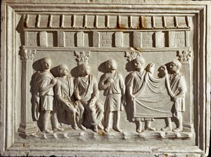 Arte romana: molde em baixo relevo representando um tecido e tapeçarias. De um original do século II d.C. Roma Museo della Civilta Romana de Roman Roman