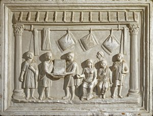 Arte romana: molde representando um tecido e tapeçarias. A partir de um original do século II d.C. (baixo relevo) de Roman Roman