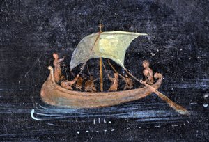 Arte romana: cena fluvial - barco e marinheiros num rio (rio) - fragmento de um fresco de Pompeia conservado no Museu Arqueológico de Nápoles, Itália - Museo Archeologico Nazionale, Napoli, Italia - Foto Patrice Cartier - de Roman Roman