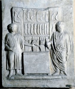 Sinal da loja de facas na era romana. Museo di Ostia (Ostia) de Roman Roman