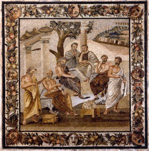 A Academia de Platão: o filósofo sentado no centro ensina um grupo de discípulos da Academia de Atenas (fundada por ele próprio em 378 AC) - Mosaico encontrado em Boscotrecase, agora exposto no Museu Nacional, Nápoles
