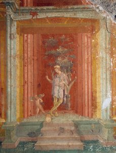 Cena de teatro, fresco (estilo IV) sobre fundo vermelho da Casa de Pinarius Cerialis, Pompeia (Lista do Património Mundial da Unesco