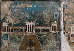 Afresco de terceiro estilo representando uma paisagem arquitetónica, pormenor de um edifício rodeado por um alpendre com colunatas, de Pompeia de Roman Roman