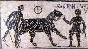 Domadores de tigre nas paredes do Coliseu - Mosaico Romano de Roman Roman