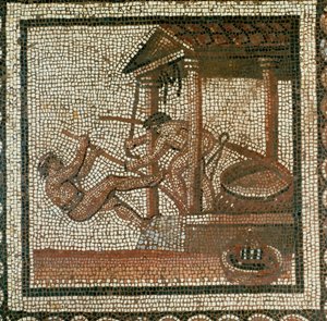 Dois homens a espremer azeite (mosaico) de Roman Roman