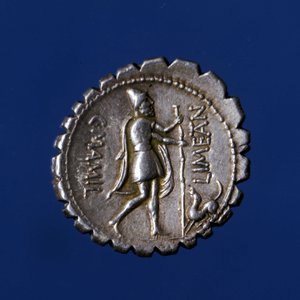 Ulysses reconhecido pelo seu cão Argo. Moeda de prata romana, 83 AC. de Roman Roman