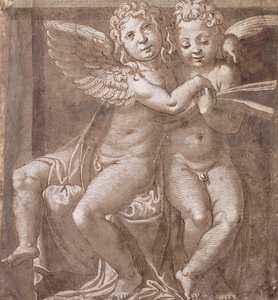 Dois Anjos Sentados Cantando, após Polidoro da Caravaggio (caneta e tinta marrom lavada com branco sobre papel cinza-azulado)
