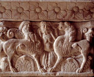 Um centauro e um leão, capital esculpida na tribuna do Priorado de Romanesque