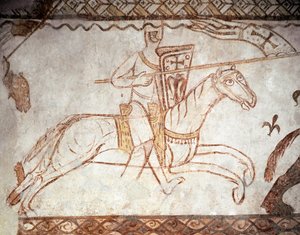 Cruzada: Cavaleiro da Ordem dos Templários. Arte românica. fresco da capela de Cressac (Cressac-Saint-Genis en Charente)