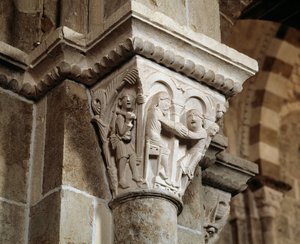 Esaú volta da caça e se encontra diante de seu pai Isaac que está abençoando Jacó (capital esculpida) de Romanesque