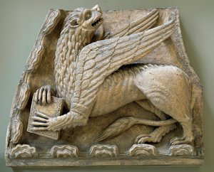 Esculturas Griffon do original do portal da Igreja Saint Loup de Naud (Sena e Marne) 1170 Paris, museu de monumentos franciscanos de Romanesque