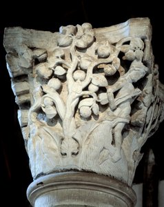 Paraíso: uma figueira e uma macieira, Capital do coro (escultura de Romanesque