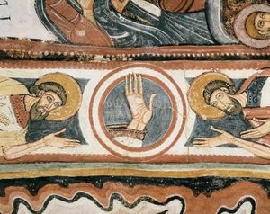 Arte românica: "A mão direita de Deus e dos patriarcas Elias e Henoch (ou Enoque). Detalhe. Fresco da escola de León (Espanha). 1132. Santuário da Virgem da Virgem del Camin de Romanesque