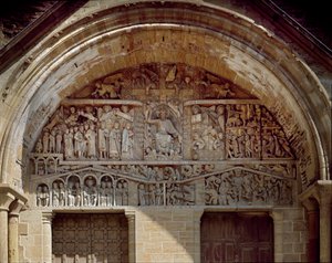 Arte românica: Tympan esculpido representando o último julgamento, à direita de Cristo Paraíso, à esquerda, o caos do inferno. Escultura (1130-1140) da Igreja Abadia de Sainte Foy (Sainte-Foy) em Conques (Aveyron), França.
