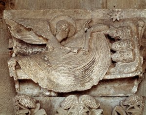 Os Magos adormecem com um anjo acordando-os e apontando para a estrela de Belém (capital esculpida) de Romanesque