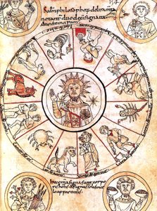 O sol rodeado de sinais do zodíaco de Romanesque