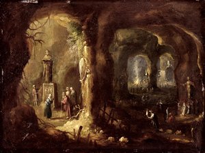 Gruta com estátuas e numerosas figuras adorando ídolos (São Simeão Estilita), c.1640 (óleo sobre cobre) de Rombout van Troyen