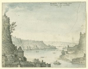 Vista de uma cidade por um rio de Rombout van den Houte