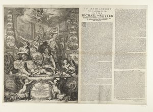 Alegoria sobre a morte de Michiel de Ruyter, 1676
The Life and Bedryf of the Ed: Manhaften Heer, Den Heer Michaël de Ruyter Ridder van de Ordre van St. Michiel, &c. Tenente-Almirante-General da Holanda e da West-Vrieslandt (título sobre o objecto) de Romeyn de Hooghe