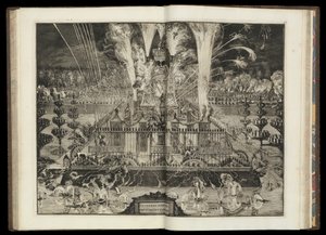 Grande espetáculo de fogo de artifício. De "O Regresso Triunfal de Sua Majestade Britânica à Holanda" (CBL AL 146, pl.67) de Romeyn de Hooghe