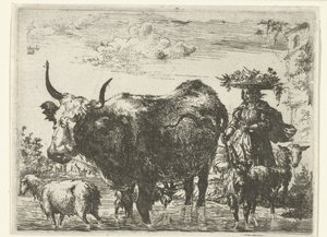 Pastora com cesta na cabeça, uma vaca, duas cabras e duas ovelhas na água de Romeyn de Hooghe