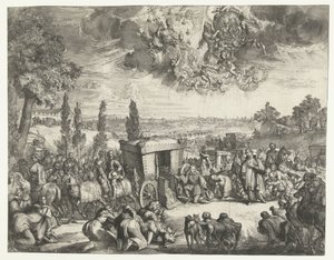 Carlos II de Espanha ajoelhado por uma carruagem de Romeyn de Hooghe