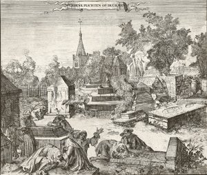 Luto no cemitério português-judeu de Beth Haim de Ouderkerk no Amstel na Holanda - Gravura de Romeyn de Hooghe (1645-1708)
