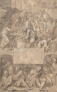 Estudo para uma página de título: Alegoria do comércio e prisão de um devedor, s.d.. de Romeyn de Hooghe.