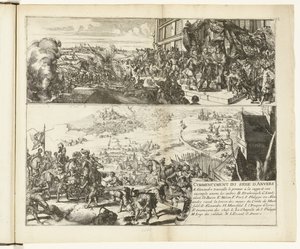 Duas representações sobre o cerco de Antuérpia pelo Duque de Parma, 1584-1585
Começo do cerco de Anvers (título sobre o objecto)
Guerres de Flandres (título da série) de Romeyn de Hooghe