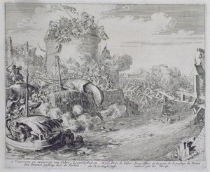 Ciclo de Impressão de Viena, Conquistando a Ilha Tabor na Periferia de Leopoldstadt, 1683 de Romeyn de Hooghe