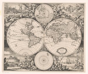 Mapa do mundo com uma alegoria dos quatro elementos Nova totius terrarum orbis tabula (título no objeto)