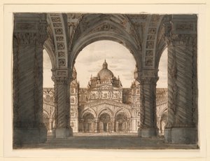 Cenário, Fachada da Igreja de uma Loggia, I due Valdomiri de Felice Romani, música de Pietro de Winter. Executado no La Scala, Milão, 1818 de Romolo Achille Liverani