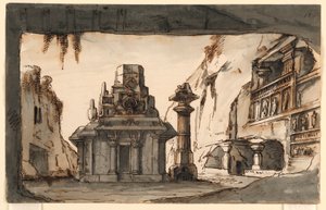 Design de palco, edifícios orientais em meio a cavernas e rochas de Romolo Achille Liverani
