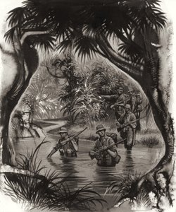 Tropas ANZAC atravessando um rio na selva durante uma patrulha da Segunda Guerra Mundial (guache sobre papel) de Ron Embleton