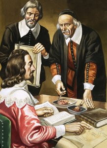 Carlos I e William Harvey discutindo o coração de Ron Embleton