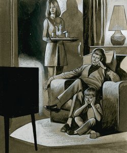 Família a ver televisão a preto e branco na década de 1960 de Ron Embleton