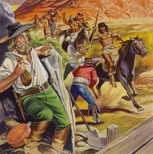Jacob Waltz e o seu amigo a serem atacados por índios Apaches (guache sobre papel) de Ron Embleton