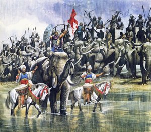 O exército do rei Porus enfrenta Alexandre, o Grande, sob uma chuva torrencial