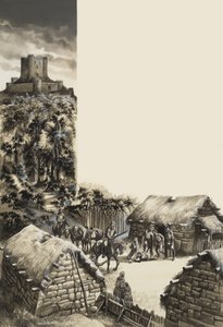 Aldeia Medieval (guache sobre papel) de Ron Embleton