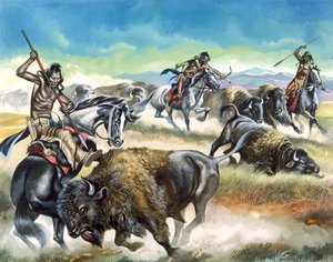 Índios nativos americanos a matar bisontes americanos (guache sobre papel) de Ron Embleton