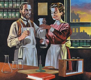 Pierre e Marie Curie no seu laboratório em Paris (litografia a cores)