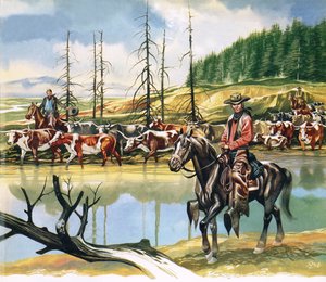 Cowboys texanos conduzindo o gado para norte de Ron Embleton