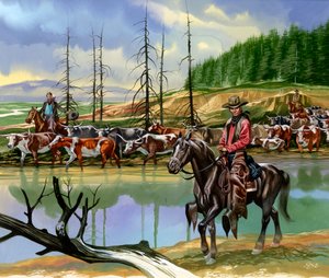 Cowboys texanos conduzindo o gado para norte de Ron Embleton