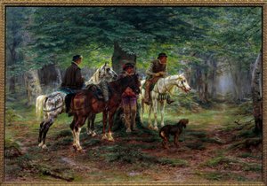 Cavaleiros surpreendidos por uma chuva (século XVII). Em uma floresta, homens a cavalo sob uma árvore esperando que a chuva pare de cair. Pintura de Rosa Bonheur (1822-1899) de Rosa Bonheur