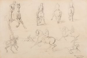 Estudos de um Cavalo e Cavaleiro (grafite sobre papel de trama branca) de Rosa Bonheur