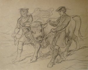 Dois homens com touro de Rosa Bonheur, giz preto, Museu de Arte de Colombo de Rosa Bonheur